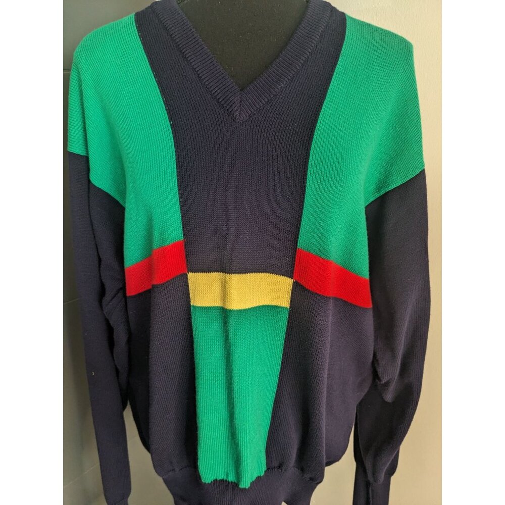 J McInerney Ltd Scotland Navy Green Red Yellow Colorblock V-Neck Sweater: 112/44 - Picture 2 of 8
